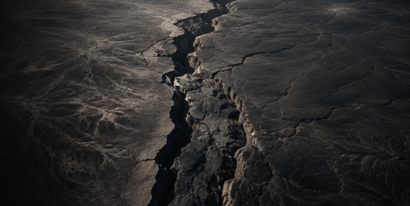 Aerial view of fractured ground, evoking unstable market conditions