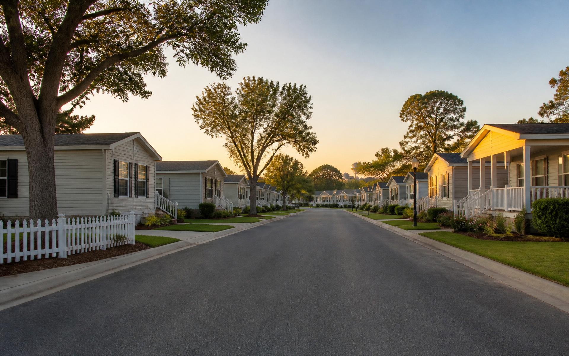 Aerial view of a well-kept manufactured housing community