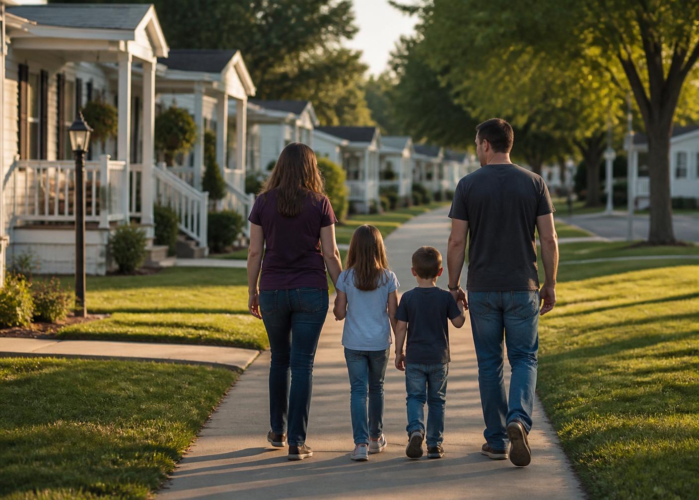 A family walking along a paved neighborhood path in a manufactured housing community